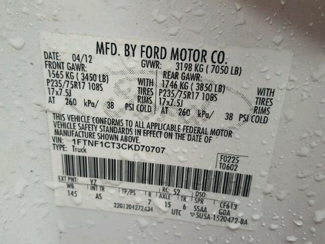 1FTNF1CT3CKD70707 - 2012 FORD F150 WHITE photo 10