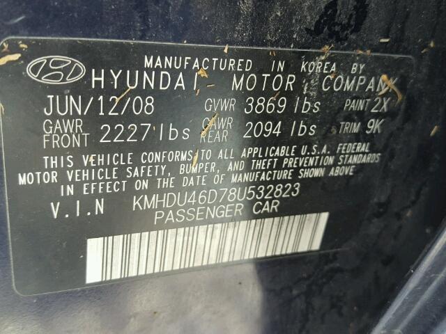 KMHDU46D78U532823 - 2008 HYUNDAI ELANTRA GL BLUE photo 10