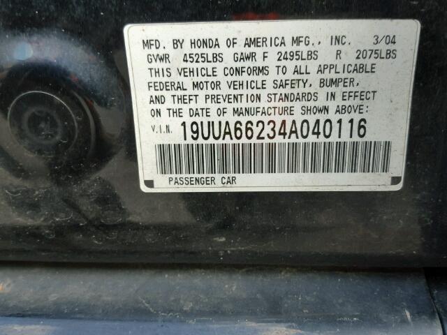 19UUA66234A040116 - 2004 ACURA TL BLACK photo 10