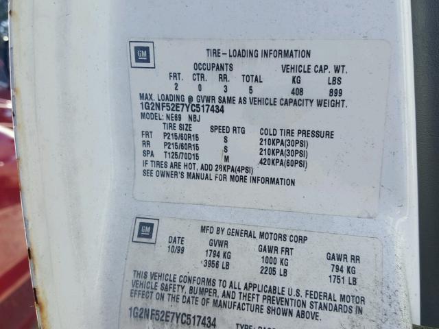 1G2NF52E7YC517434 - 2000 PONTIAC GRAND AM S Ağ foto 10