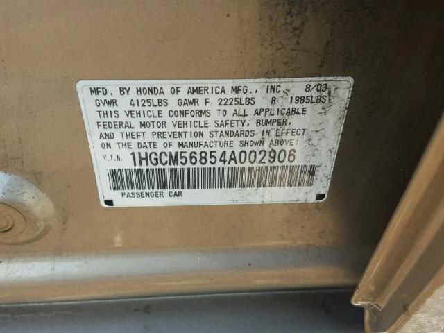 1HGCM56854A002906 - 2004 HONDA ACCORD EX GOLD photo 10