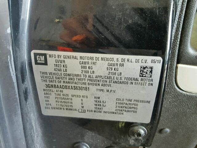 3GNBAADBXAS630181 - 2010 CHEVROLET HHR LS BLACK photo 10
