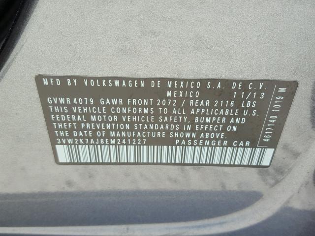 3VW2K7AJ8EM241227 - 2014 VOLKSWAGEN JETTA BASE ნაცრისფერი ფოტო 10