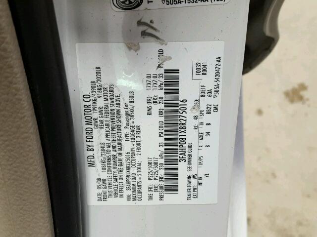 3FAHP081X8R275016 - 2008 FORD FUSION WHITE photo 10