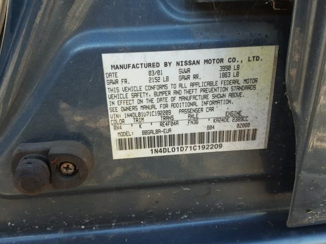 1N4DL01D71C192209 - 2001 NISSAN ALTIMA XE GRAY photo 10