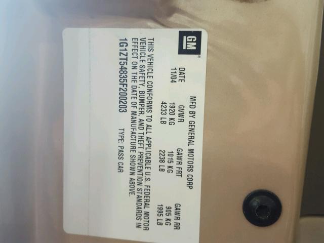 1G1ZT54835F200203 - 2005 CHEVROLET MALIBU LS ოქროსფერი ფოტო 10