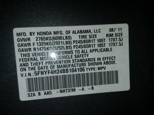 5FNYF4H24BB104106 - 2011 HONDA PILOT LX GRAY photo 10