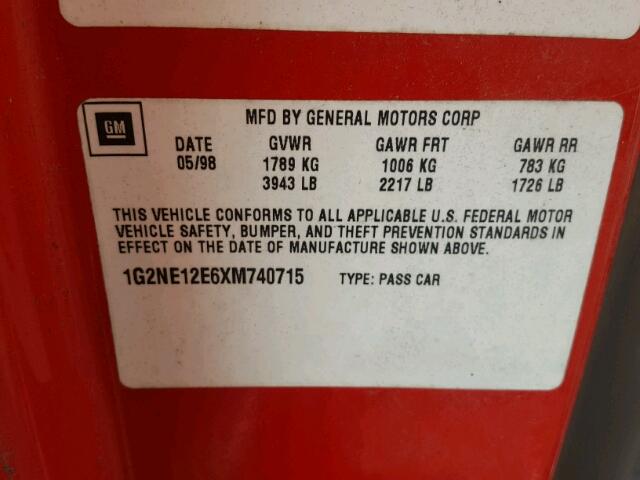 1G2NE12E6XM740715 - 1999 PONTIAC GRAND AM S Qırmızı foto 10