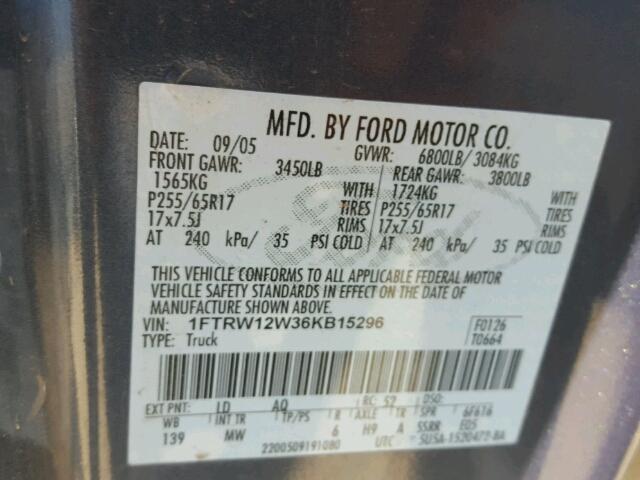 1FTRW12W36KB15296 - 2006 FORD F150 BLUE photo 10