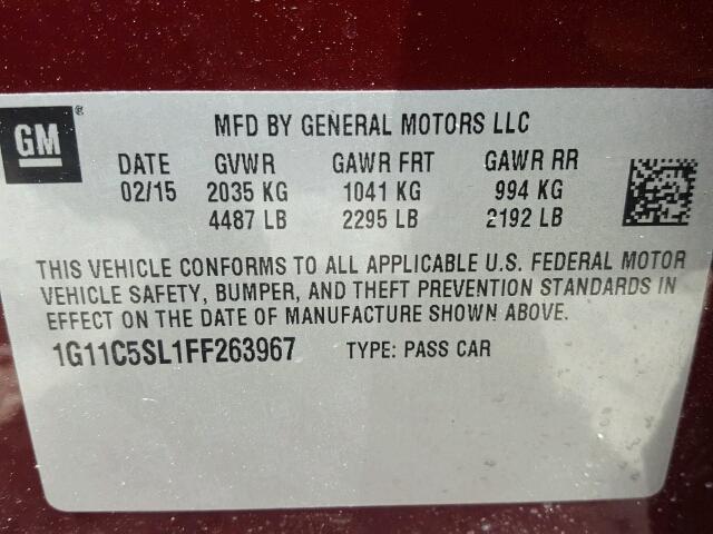 1G11C5SL1FF263967 - 2015 CHEVROLET MALIBU 1LT 勃艮第红 照片 10