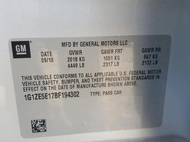 1G1ZE5E17BF194302 - 2011 CHEVROLET MALIBU LTZ 银色 照片 10