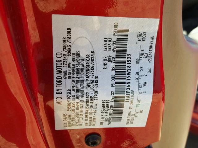 1FAFP36N15W281522 - 2005 FORD FOCUS ZXW RED photo 10