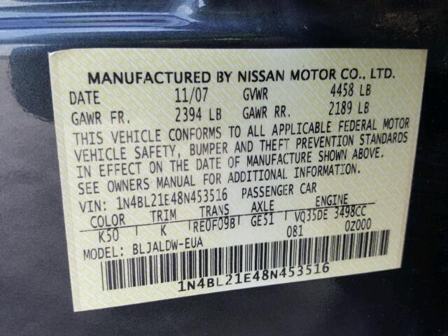 1N4BL21E48N453516 - 2008 NISSAN ALTIMA 3.5 GRAY photo 10