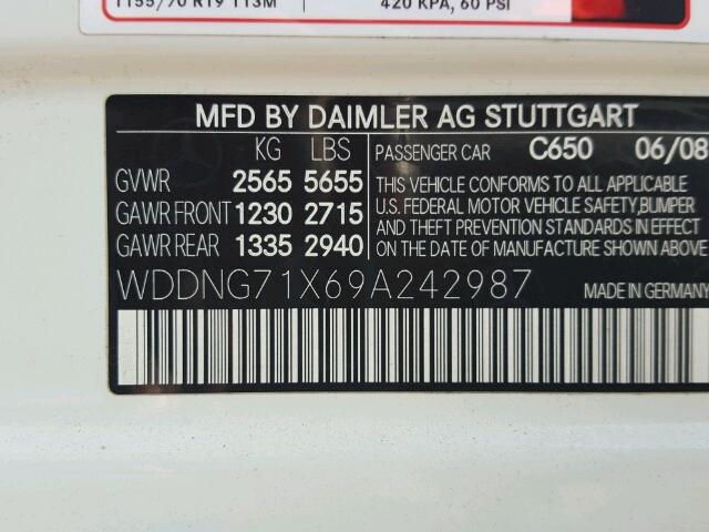 WDDNG71X69A242987 - 2009 MERCEDES-BENZ S WHITE photo 10