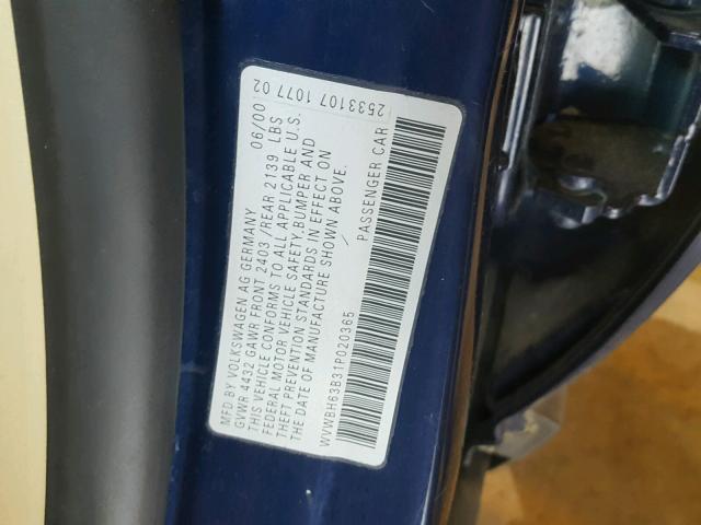 WVWBH63B31P020365 - 2001 VOLKSWAGEN PASSAT GLX BLUE photo 10