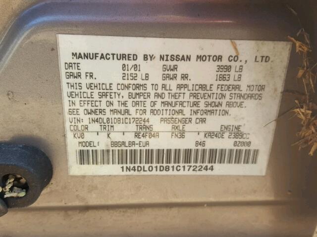 1N4DL01D81C172244 - 2001 NISSAN ALTIMA XE SILVER photo 10