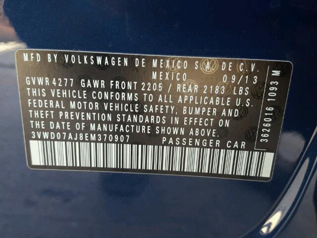 3VWD07AJ8EM370907 - 2014 VOLKSWAGEN JETTA SE 蓝色 照片 10