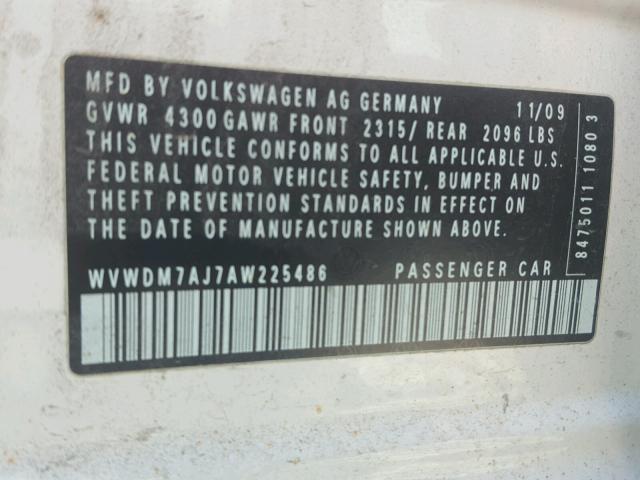 WVWDM7AJ7AW225486 - 2010 VOLKSWAGEN GOLF WHITE photo 10