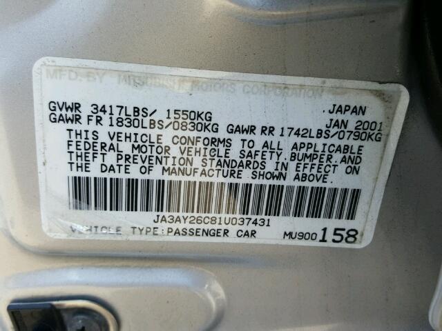 JA3AY26C81U037431 - 2001 MITSUBISHI MIRAGE ES SILVER photo 10