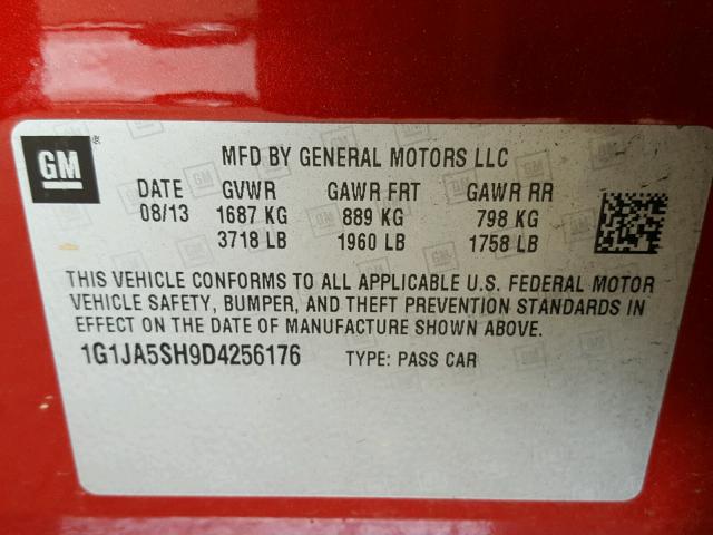 1G1JA5SH9D4256176 - 2013 CHEVROLET SONIC LS 勃艮第红 照片 10