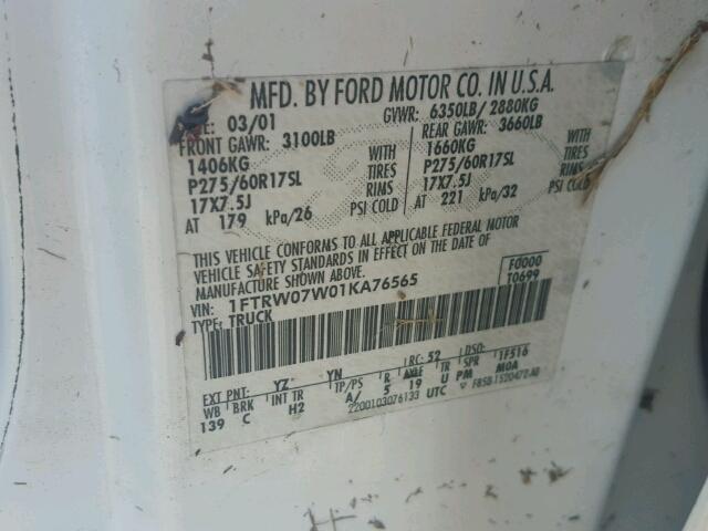 1FTRW07W01KA76565 - 2001 FORD F150 SUPER WHITE photo 10