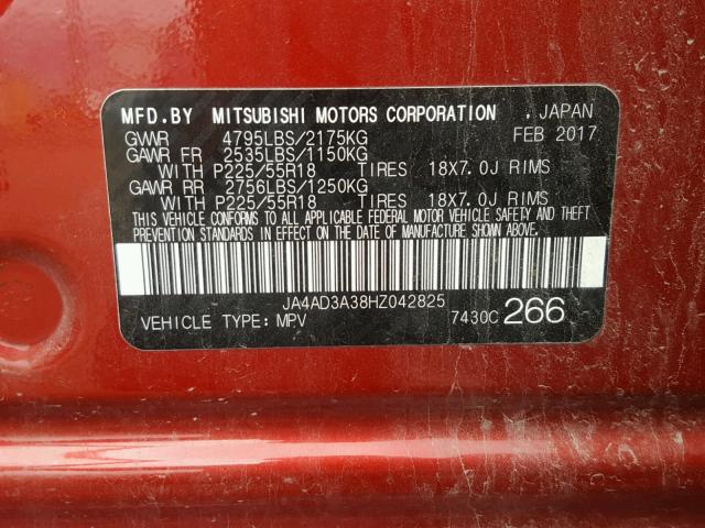 JA4AD3A38HZ042825 - 2017 MITSUBISHI OUTLANDER RED photo 10