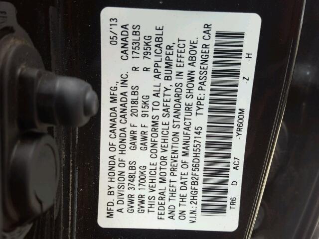 2HGFB2F56DH557145 - 2013 HONDA CIVIC BLACK photo 10