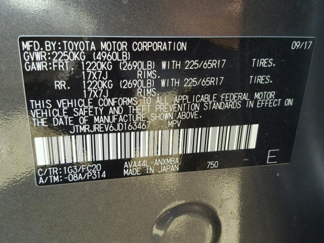 JTMRJREV6JD163467 - 2018 TOYOTA RAV4 HV LE CHARCOAL photo 10