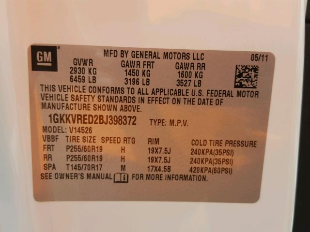 1GKKVRED2BJ398372 - 2011 GMC ACADIA SLT თეთრი ფოტო 10