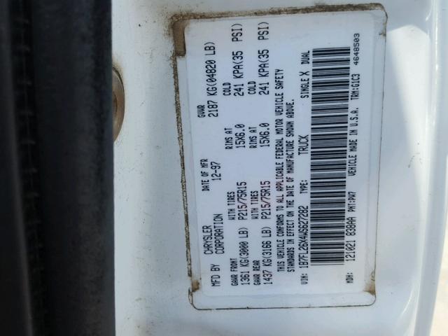 1B7FL26X4WS627282 - 1998 DODGE DAKOTA WHITE photo 10