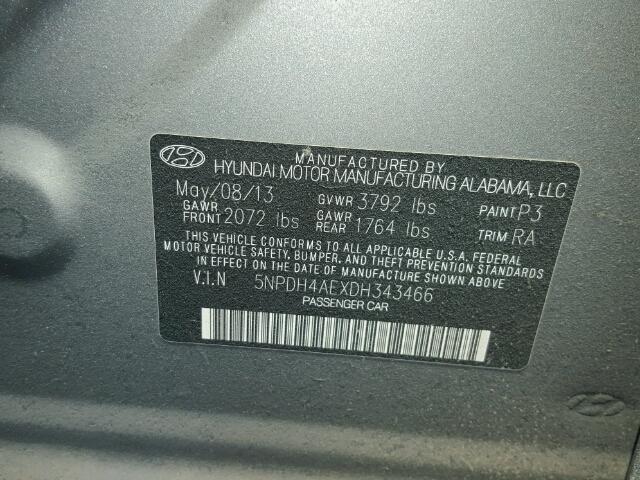 5NPDH4AEXDH343466 - 2013 HYUNDAI ELANTRA GRAY photo 10