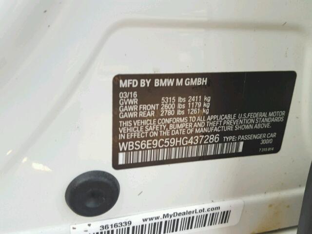 WBS6E9C59HG437286 - 2017 BMW M6 GRAN CO WHITE photo 10