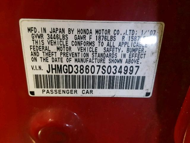 JHMGD38607S034997 - 2007 HONDA FIT S 红色 照片 10