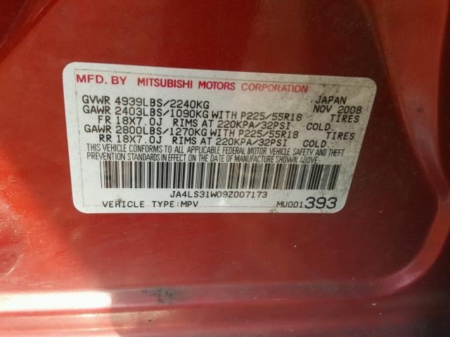 JA4LS31W09Z007173 - 2009 MITSUBISHI OUTLANDER MAROON photo 10