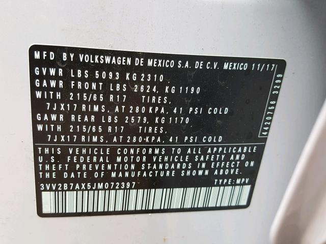 3VV2B7AX5JM072397 - 2018 VOLKSWAGEN TIGUAN SE Білий фото 10