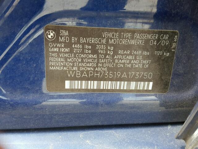 WBAPH73519A173750 - 2009 BMW 328 I BLUE photo 10