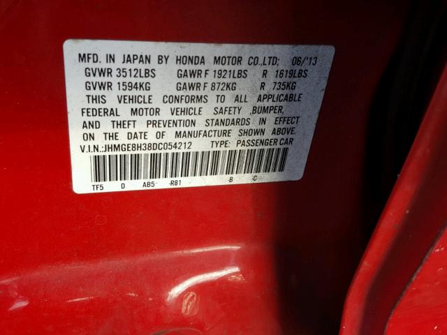 JHMGE8H38DC054212 - 2013 HONDA FIT RED photo 10