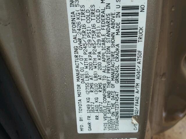 5TEUU42N67Z374547 - 2007 TOYOTA TACOMA ACC GOLD photo 10