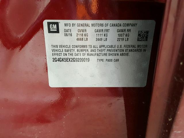 2G4GK5EX2G9209019 - 2016 BUICK REGAL 红色 照片 10
