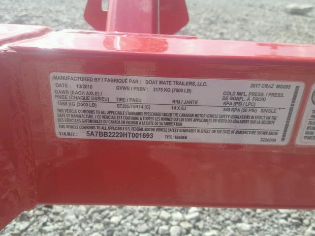 5A7BB2229HT001693 - 2017 BOAT TRAILER RED photo 10