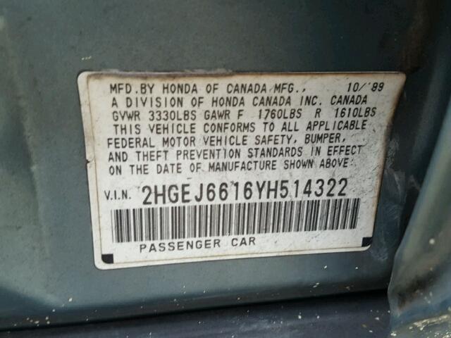 2HGEJ6616YH514322 - 2000 HONDA CIVIC BASE GRAY photo 10