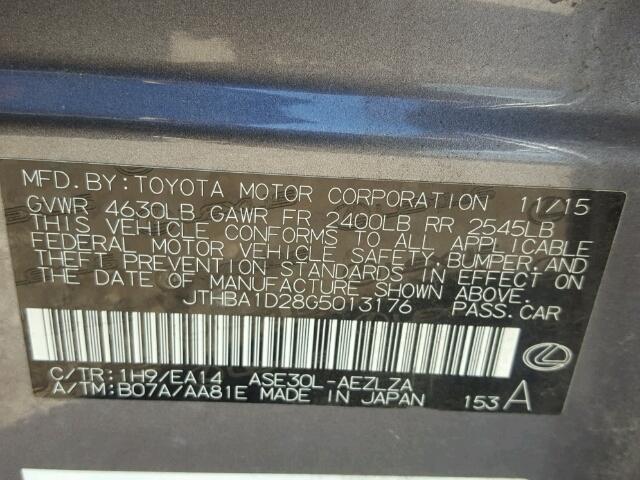 JTHBA1D28G5013176 - 2016 LEXUS IS 200T GRAY photo 10