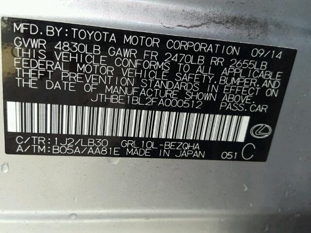 JTHBE1BL2FA000512 - 2015 LEXUS GS 350 SILVER photo 10