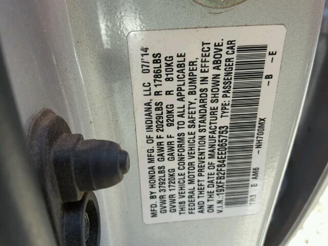 19XFB2F84EE065753 - 2014 HONDA CIVIC SILVER photo 10