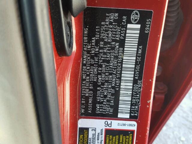 4T4BF1FK0CR168998 - 2012 TOYOTA CAMRY BASE RED photo 10