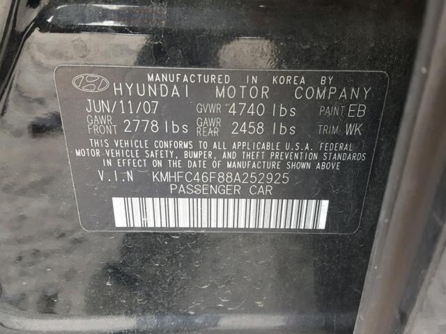 KMHFC46F88A252925 - 2008 HYUNDAI AZERA SE BLACK photo 10