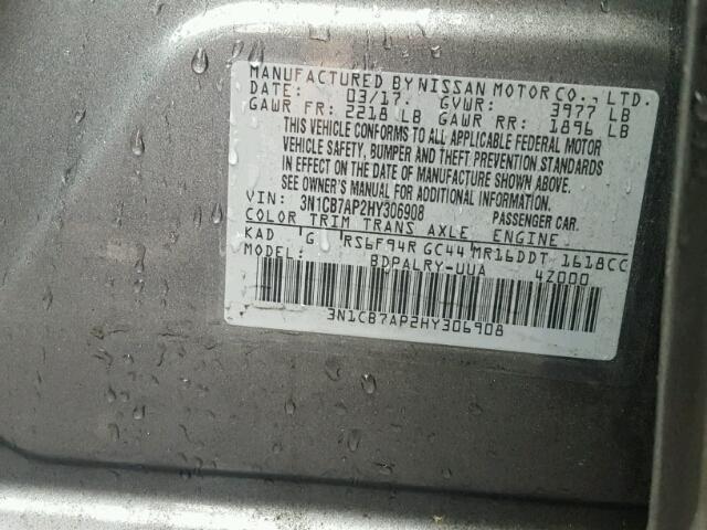 3N1CB7AP2HY306908 - 2017 NISSAN SENTRA SR SILVER photo 10