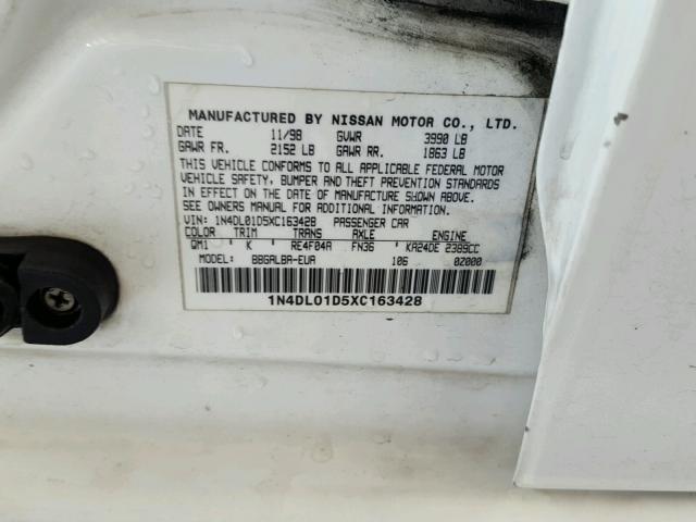 1N4DL01D5XC163428 - 1999 NISSAN ALTIMA XE WHITE photo 10