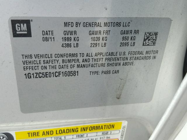 1G1ZC5E01CF160581 - 2012 CHEVROLET MALIBU 1LT SILVER photo 10