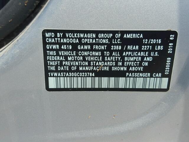 1VWAS7A30GC023784 - 2016 VOLKSWAGEN PASSAT S SILVER photo 10